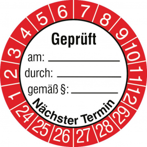 SafetyMarking Ellenőrző plakett Gepr&uuml;ft am / durch / gem&auml;&szlig; &sect; / n&auml;chster Termin 2024-2029 Feh&eacute;r-piros, Fekete/feh&eacute;r &Ouml;ntapad&oacute; f&oacute;lia (O) 3 cm 3 cm (30.36