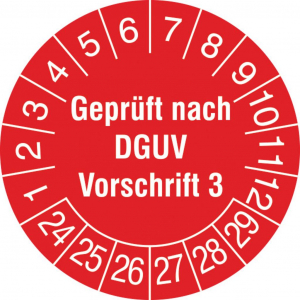 SafetyMarking Ellenőrző plakett Gepr&uuml;ft nach DGUV Vorschrift 3 2024-2029 Pirosfeh&eacute;r &Ouml;ntapad&oacute; f&oacute;lia (O) 3 cm 3 cm 15 db (30.C2105.24-29)