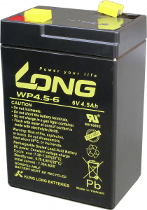 Long &Oacute;lomakku 6 V 4.5 Ah &Oacute;lom-vlies (AGM) (Sz x Ma x M&eacute;) 70 x 106 x 47 mm 4,8 mm-es lapos&eacute;rintkezős dug&oacute; Kis &ouml;nkis&uuml;l&eacute;s, Karbantart&aacute;smentes (WP4.5-6)
