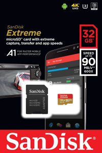 32GB microSDHC Sandisk Extreme U3 V30 UHS-I Class 10 (SDSQXAF-032G-GN6MA / 173420)