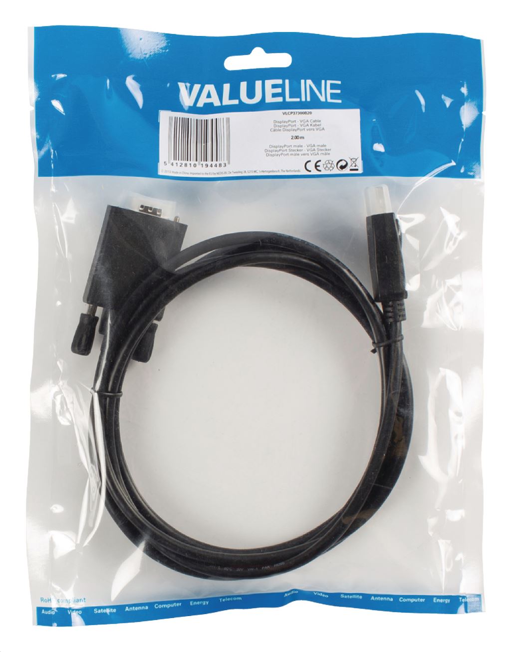 Valueline DisplayPort - VGA kábel, 2 m, fekete (VLCP37300B20)