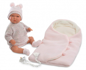 Llorens Lala sírós újszülött baba kötött ruhában, hálózsákkal 42cm (74048)