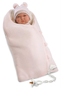 Llorens Lala sírós újszülött baba kötött ruhában, hálózsákkal 42cm (74048)