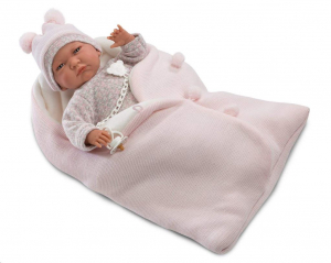 Llorens Lala sírós újszülött baba kötött ruhában, hálózsákkal 42cm (74048)