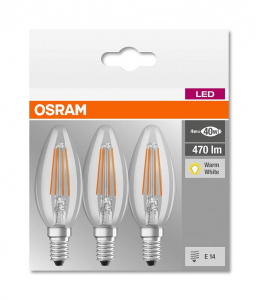 Osram BASE Clas LED fényforrás E14 4W Gyertya meleg fehér filament (3db) (4058075819313)