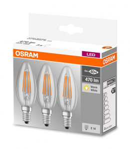 Osram BASE Clas LED fényforrás E14 4W Gyertya meleg fehér filament (3db) (4058075819313)