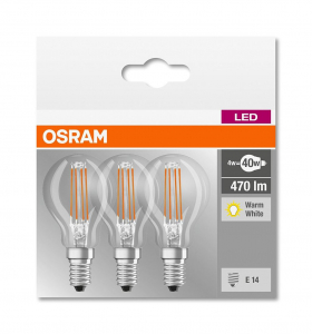 Osram BASE Clas LED fényforrás E14 4W Kisgömb meleg fehér filament (3db) (4058075819337)