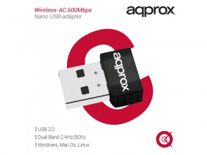 Approx Hálózati Adapter Wireless-AC 600Mbps Nano USB adapter fekete (appUSB600NAV2)