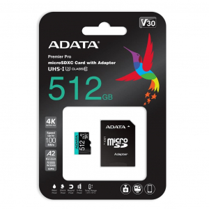 512GB microSDXC ADATA Premier Pro CL10 V30 A2 + adapter (AUSDX512GUI3V30SA2-RA1)
