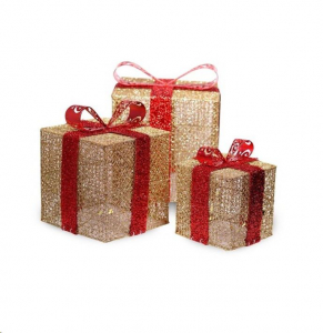 IRIS Doboz alakú /1db 20cm, 1db 25cm, 1db 30cm/ arany-piros fémdoboz műanyag masnival dekor szett  (011-01)