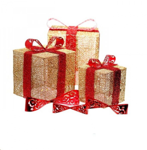 IRIS Doboz alakú /1db 20cm, 1db 25cm, 1db 30cm/ arany-piros fémdoboz műanyag masnival dekor szett  (011-01)