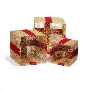 IRIS Doboz alakú /1db 20cm, 1db 25cm, 1db 30cm/ arany-piros fémdoboz műanyag masnival dekor szett  (011-01)