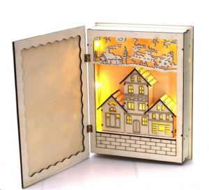 IRIS Karácsonyi könyv mintás 44,5x30cm/meleg fehér LED-es fa kinyitható fénydekoráció  (307-01)