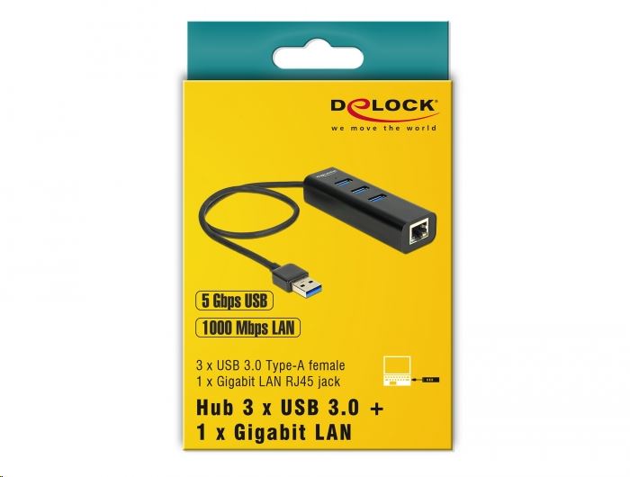 Delock 62653 USB3.0 Hub 3 portos + Gigabit LAN fekete