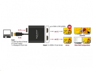 Delock Displayport 1.2-es elosztó 1 x Displayport-bemenet > 2 x HDMI-kimenet 4K 30 Hz (87720)