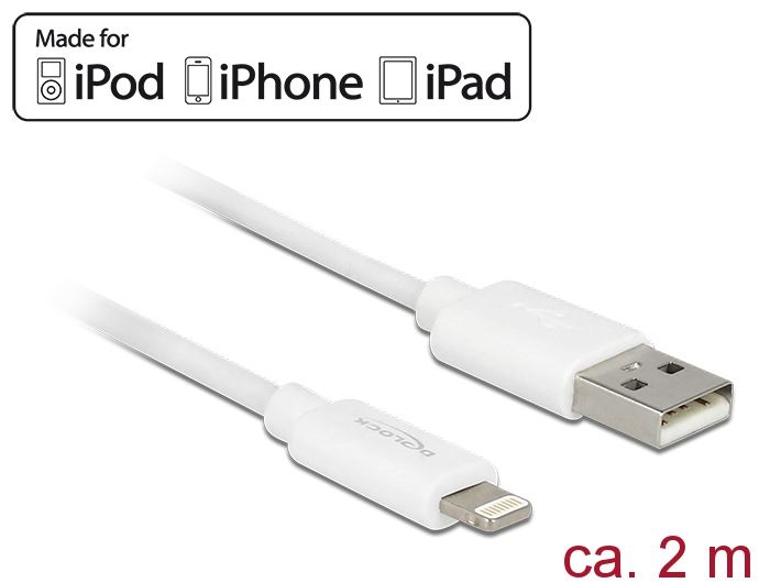Delock 83919 iPhone,iPad és iPod USB adat- és töltőkábel 2m fehér