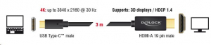 Delock USB Type-C csatlakozó > HDMI csatlakozó (DP váltakozó mód) 4K 30Hz, 3m, kábel fekete (85260)