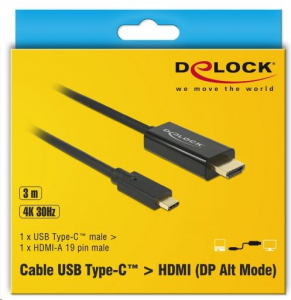 Delock USB Type-C csatlakozó > HDMI csatlakozó (DP váltakozó mód) 4K 30Hz, 3m, kábel fekete (85260)