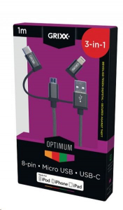 Grixx 3 az 1-ben Micro USB/Type C/8-pin Apple MFI licensz kábel 1m szürke (GROCA3IN1FG01)