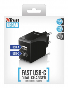 Trust USB-C és USB fali töltő fekete (21589)