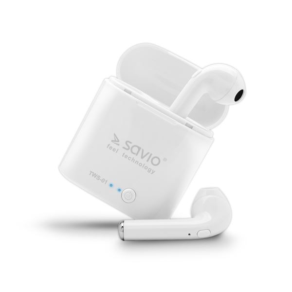 Savio TWS-01 vezeték nélküli Bluetooth fülhallgató fehér