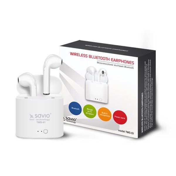 Savio TWS-01 vezeték nélküli Bluetooth fülhallgató fehér