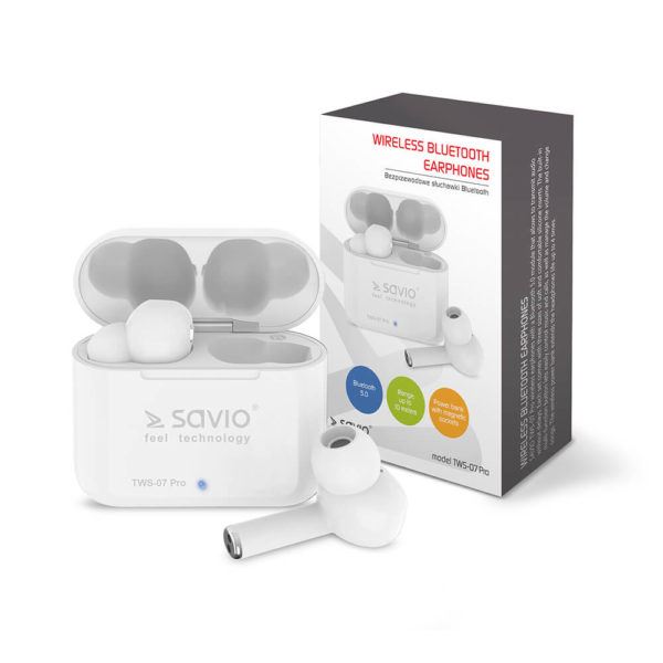 Savio TWS-07 Pro vezeték nélküli Bluetooth fülhallgató fehér