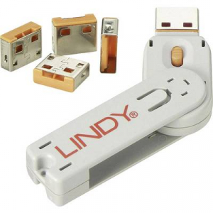 USB port blokkol&oacute; dug&oacute;, vakdug&oacute;, 4 db-os k&eacute;szlet, narancs, kiszedő szersz&aacute;mmal, Lindy 40453