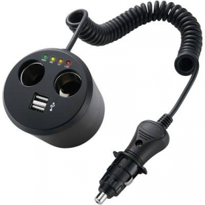 Szivargyújtó elosztó két részes aljzattal és USB töltő 2 USB aljzattal, pohártartóba rakható 12V/10A A13-155B