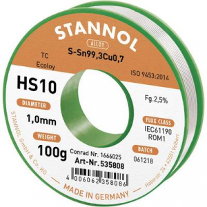 Forrasztóón, ólommentes Ólommentes, Tekercs Stannol HS10 2,5% 1,0MM SN99,3CU0,7 CD 100G SN99,3Cu0,7 100 g 1 mm