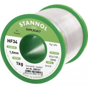 Forrasztóón, ólommentes Tekercs, Ólommentes Stannol HF34 1,6% 1,0MM FLOWTIN TC CD 1000G Sn99.3Cu0.7 1000 g 1 mm