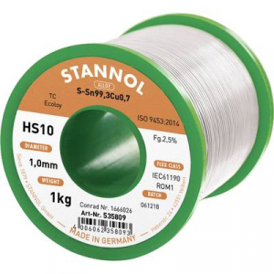 Forrasztóón, ólommentes Ólommentes, Tekercs Stannol HS10 2,5% SN99,3CU0,7 CD 1000 g 1 mm