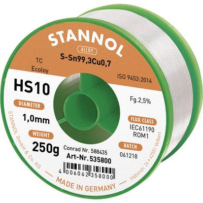 Stannol HS10 2510 Forrasztóón, ólommentes Tekercs Sn99.3Cu0.7 250 g 1 mm
