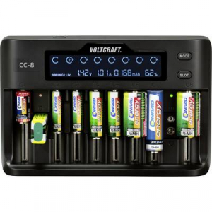 VOLTCRAFT CC-8 Lítiumion, LiFePO, NiMH, NiCd A, Ceruza (AA), Mikro (AAA), Mini (AAAA), Baby (C), Sub-C, 9 V-os, 10340, 14500, 16340, 17500, 17650, 184