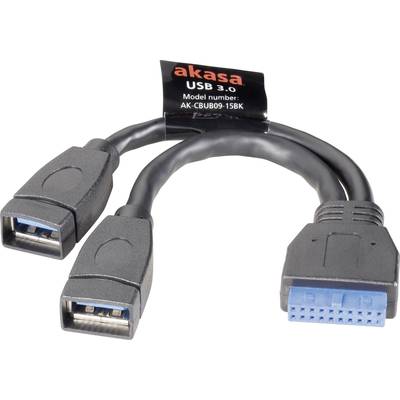 USB 3.0 adapter kábel, 19 pólusú, 2 x USB A aljzat, 15 cm, Akasa AK-CBUB09-15BK