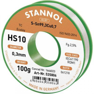 Stannol HS10 2,5% 0,3MM SN99,3CU0,7 CD 100G Forrasztóón, ólommentes Ólommentes, Tekercs Sn99.3Cu0.7 100 g 0.3 mm