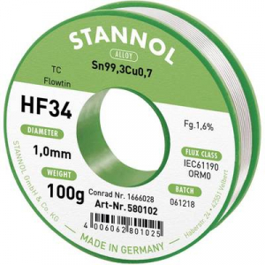 Stannol HF34 1,6% 1,0MM FLOWTIN TC CD 100G Forrasztóón, ólommentes Tekercs, Ólommentes Sn99.3Cu0.7 100 g 1 mm