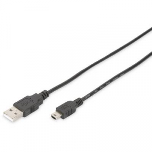 Digitus USB 2.0 Csatlakozókábel [1x USB 2.0 dugó, A típus - 1x USB 2.0 dugó, mini B típus] 1.80 m Fekete Kerek, Kettős árnyékolás