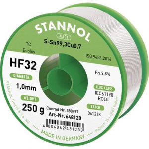 Stannol HF32 3500 Forrasztóón, ólommentes Tekercs Sn99.3Cu0.7 250 g 1 mm