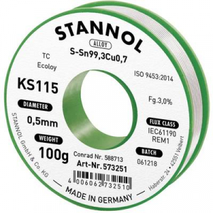 Forrasztóhuzal, ólommentes, 100 g, 0,5 mm, 3,0%, KS115