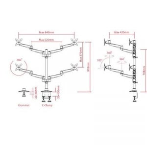 SpeaKa Professional SuperSwivel 4 részes monitor tartó, asztalra szerelhető gáznyomásos technikával, Grommet- és C csíptetővel