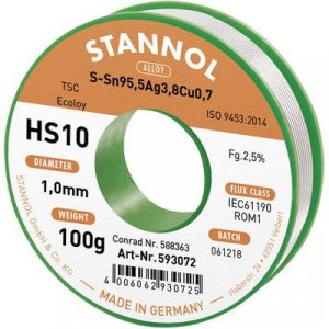 Ezüsttartalmú forrasztóón, forrasztóhuzal 1mm/100g Stannol HS10 2510 Sn95Ag4Cu1