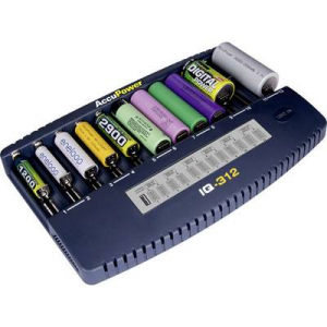 AccuPower IQ312 NiCd, NiMH, Lítiumion 10340, 10350, 10440, 10500, 12500, 12650, 13500, 13650, 14500, 14650, 16340, 16650, 17335, 17355, 17500, 17650,