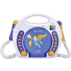 Gyermek karaoke szett, beépített CD lejátszóval, két mikrofonnal, USB-s, SD kártyás, fehér-kék X4-Tech Bobby Joey 701353