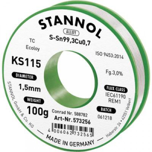 Forrasztóhuzal, ólommentes, 100 g, 1,5 mm, 3,0%, KS115