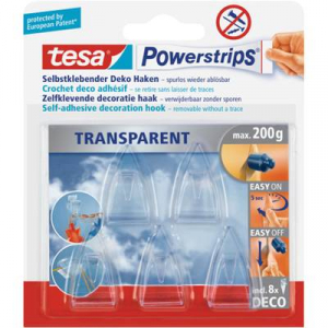 Kétoldalas ragasztós akasztó, átlátszó, TESA®POWERSTRIPS® Deco