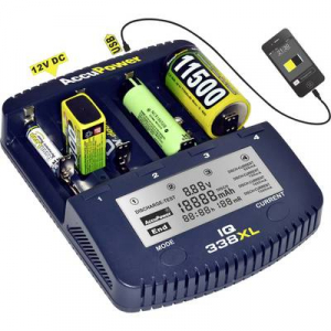 AccuPower IQ338XL NiCd, NiMH, Lítiumion 10340, 10350, 10440, 10500, 12500, 12650, 13500, 13650, 14500, 14650, 16340, 16650, 17335, 17355, 17500, 17650