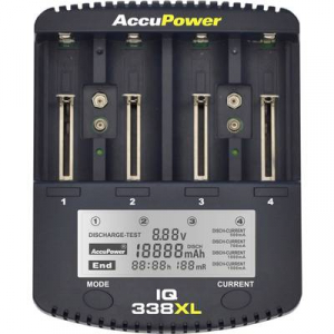 AccuPower IQ338XL NiCd, NiMH, Lítiumion 10340, 10350, 10440, 10500, 12500, 12650, 13500, 13650, 14500, 14650, 16340, 16650, 17335, 17355, 17500, 17650