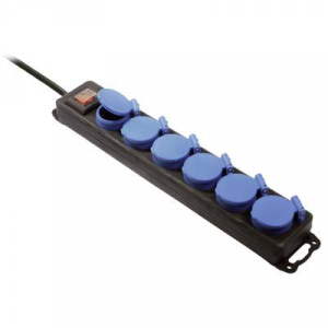 Kapcsolós hálózati elosztó, 6 részes, 1,5 m, IP44, fekete/kék, H07RN-F 3G 1,5 mm2, AS Schwabe 38606