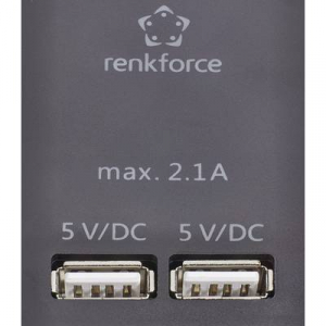 Hálózati elosztó túlfeszültség védelemmel, kapcsolós, 6 részes, USB töltővel, fekete/ezüst, renkforce